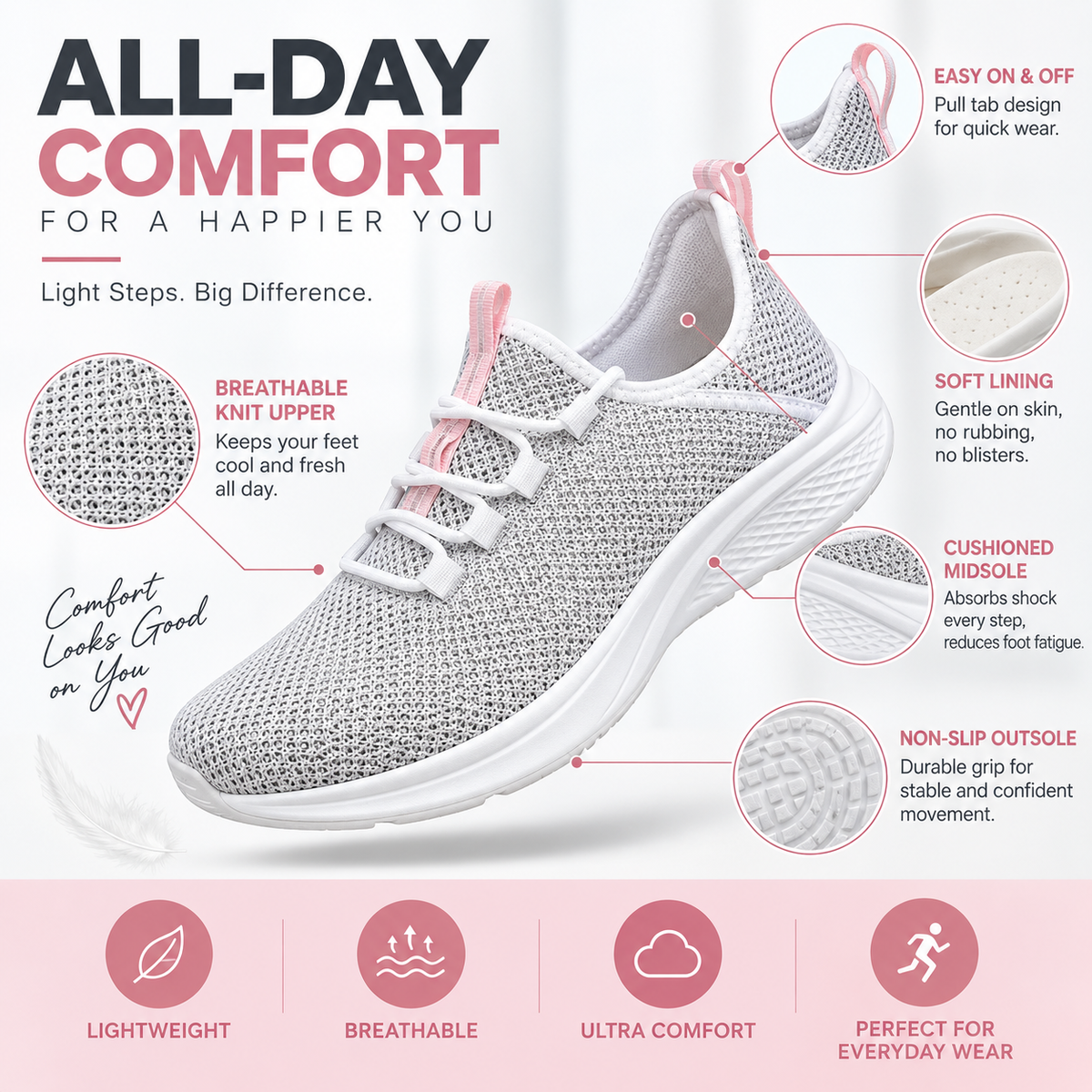 LAST DAY 80% OFF - 👣 Women's Orthopedic Mesh Sneakers with Textured Sole and Pull Tab Detail