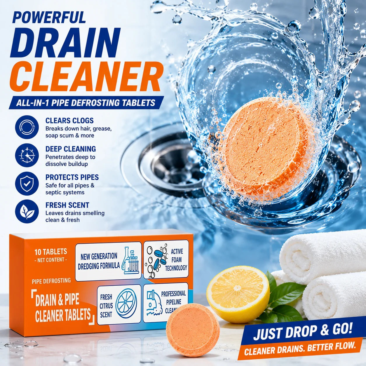 🔥 Foaming Drain Cleaner Tablets — Active Oxygen | Eliminates Drain Pests | No Bleach, No Lye, Pipe-Safe