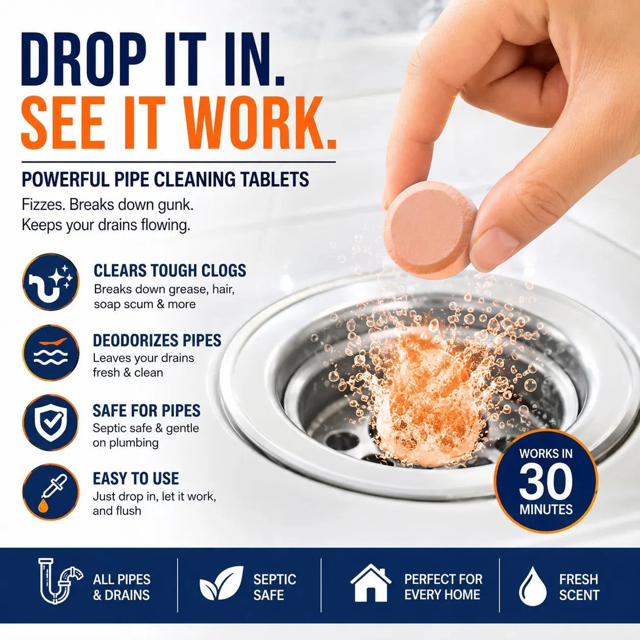 🔥 Foaming Drain Cleaner Tablets — Active Oxygen | Eliminates Drain Pests | No Bleach, No Lye, Pipe-Safe