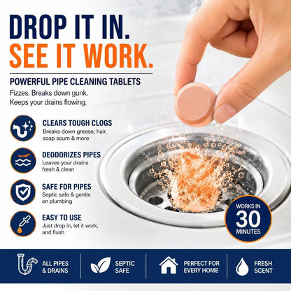 🔥 Foaming Drain Cleaner Tablets — Active Oxygen | Eliminates Drain Pests | No Bleach, No Lye, Pipe-Safe
