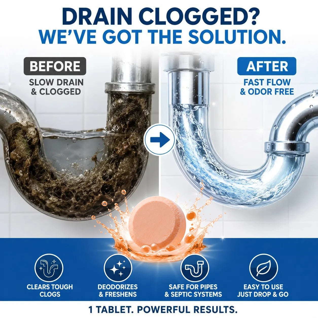 🔥 Foaming Drain Cleaner Tablets — Active Oxygen | Eliminates Drain Pests | No Bleach, No Lye, Pipe-Safe