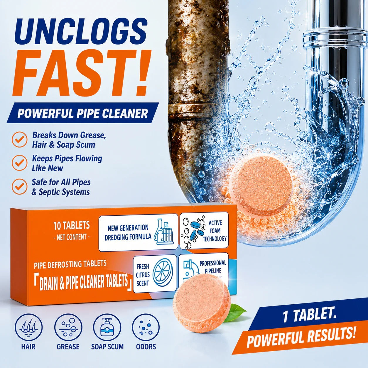 🔥 Foaming Drain Cleaner Tablets — Active Oxygen | Eliminates Drain Pests | No Bleach, No Lye, Pipe-Safe